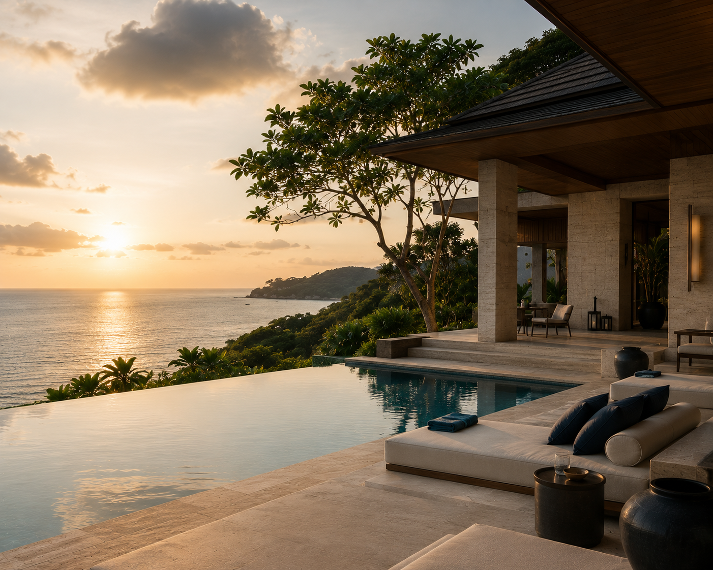 Oceanfront villa in Phuket at sunset